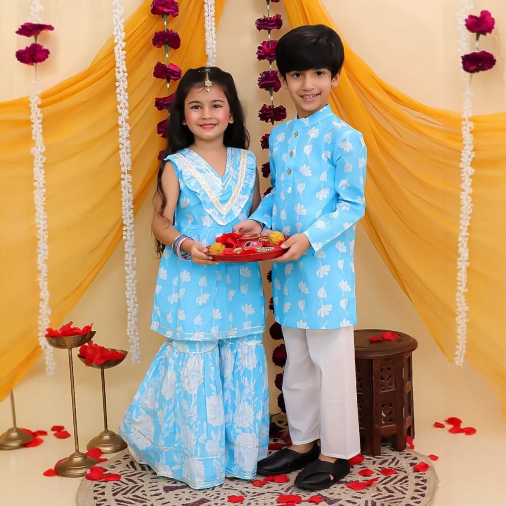 Girls Blue Sharara Set – Festive & Wedding Wear for Kids | Traditional Outfit - Image 3