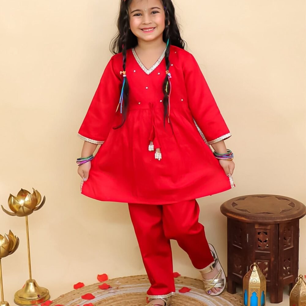 Stylish Kids Ethnic Suit Set – Girls Kurta & Pant Combo (Red & Blue)