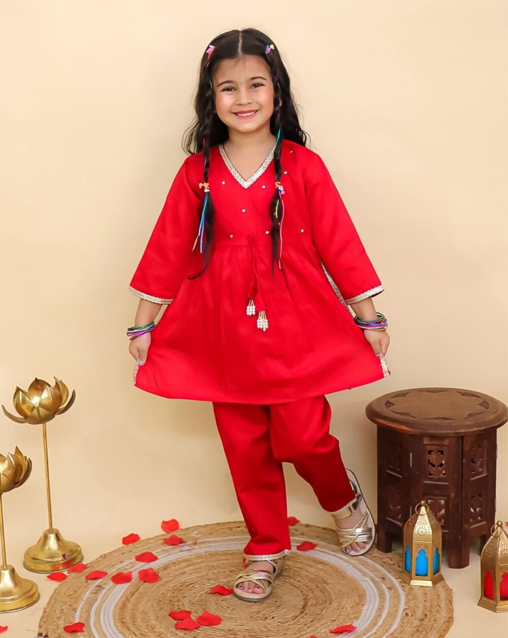 Stylish Kids Ethnic Suit Set – Girls Kurta & Pant Combo (Red & Blue)