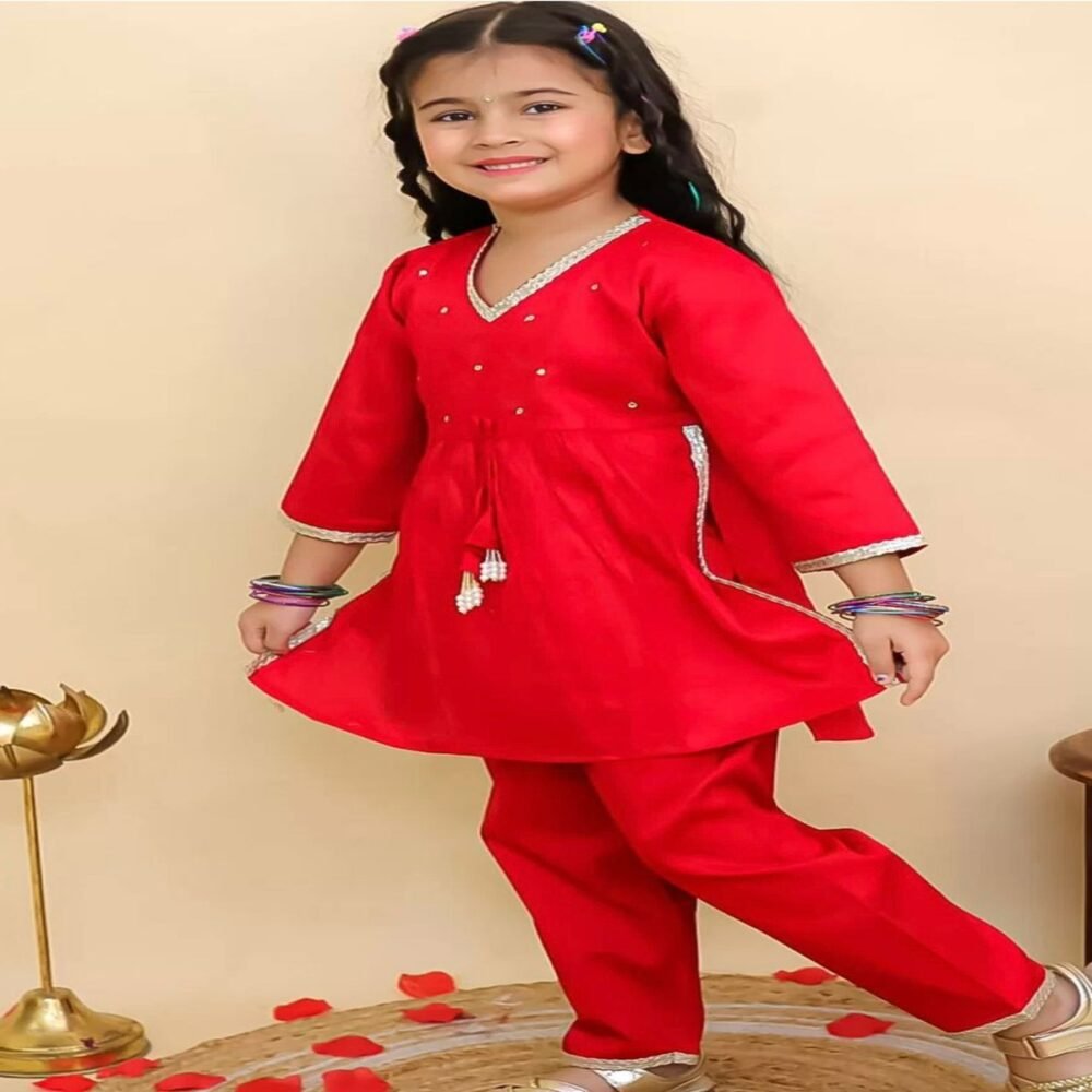 Stylish Kids Ethnic Suit Set – Girls Kurta & Pant Combo (Red & Blue)