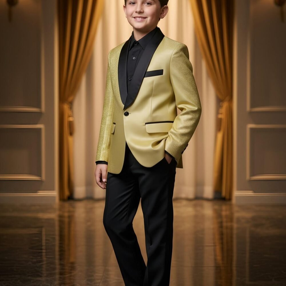 Luxury Gold Tuxedo with Black Lapel – 3-Piece Formal Suit