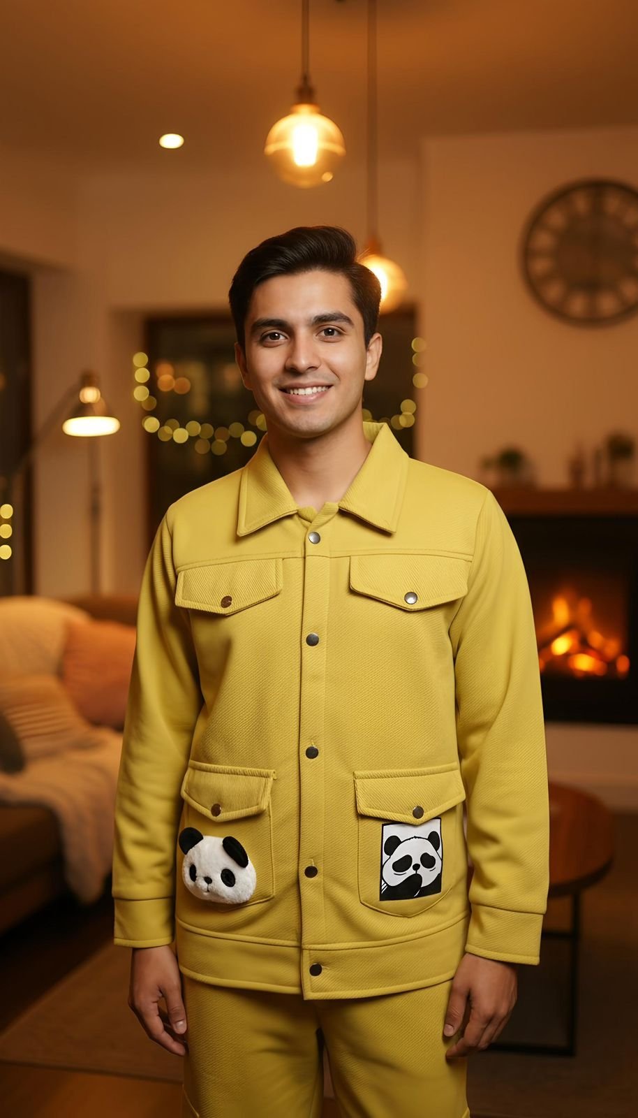 Kids Boys Yellow Panda Printed Jacket & Cargo Jogger Set