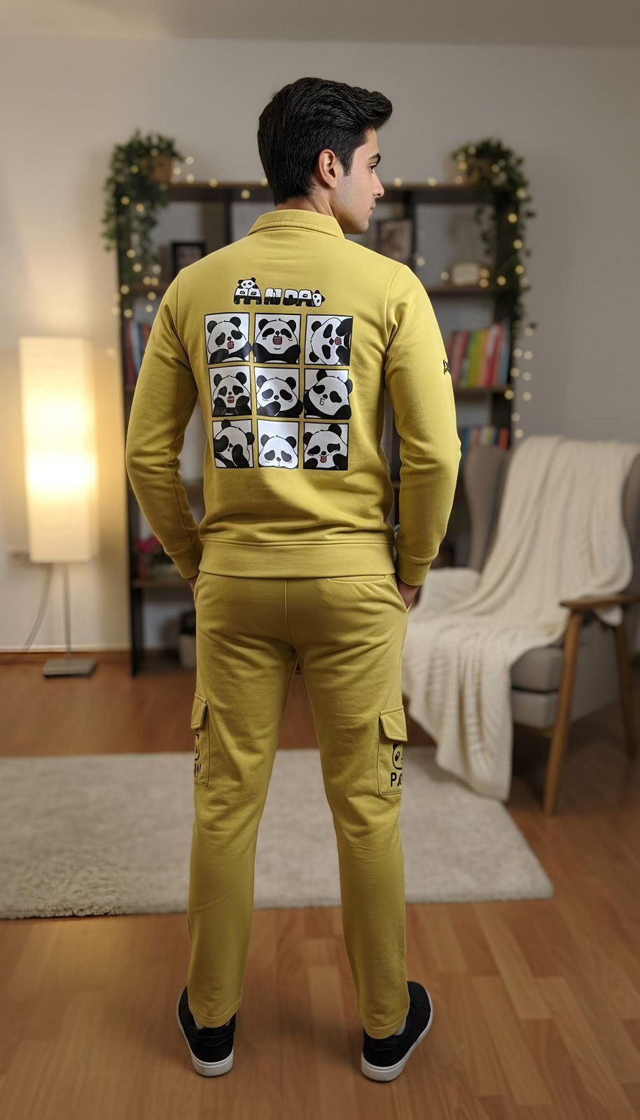 Kids Boys Yellow Panda Printed Jacket & Cargo Jogger Set - Image 2