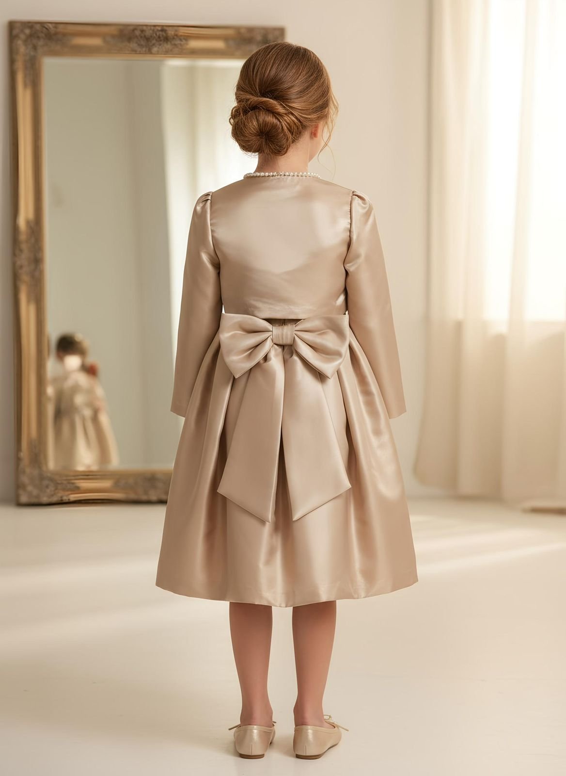 Elegant Champagne Satin Party Dress for Girls - Image 2