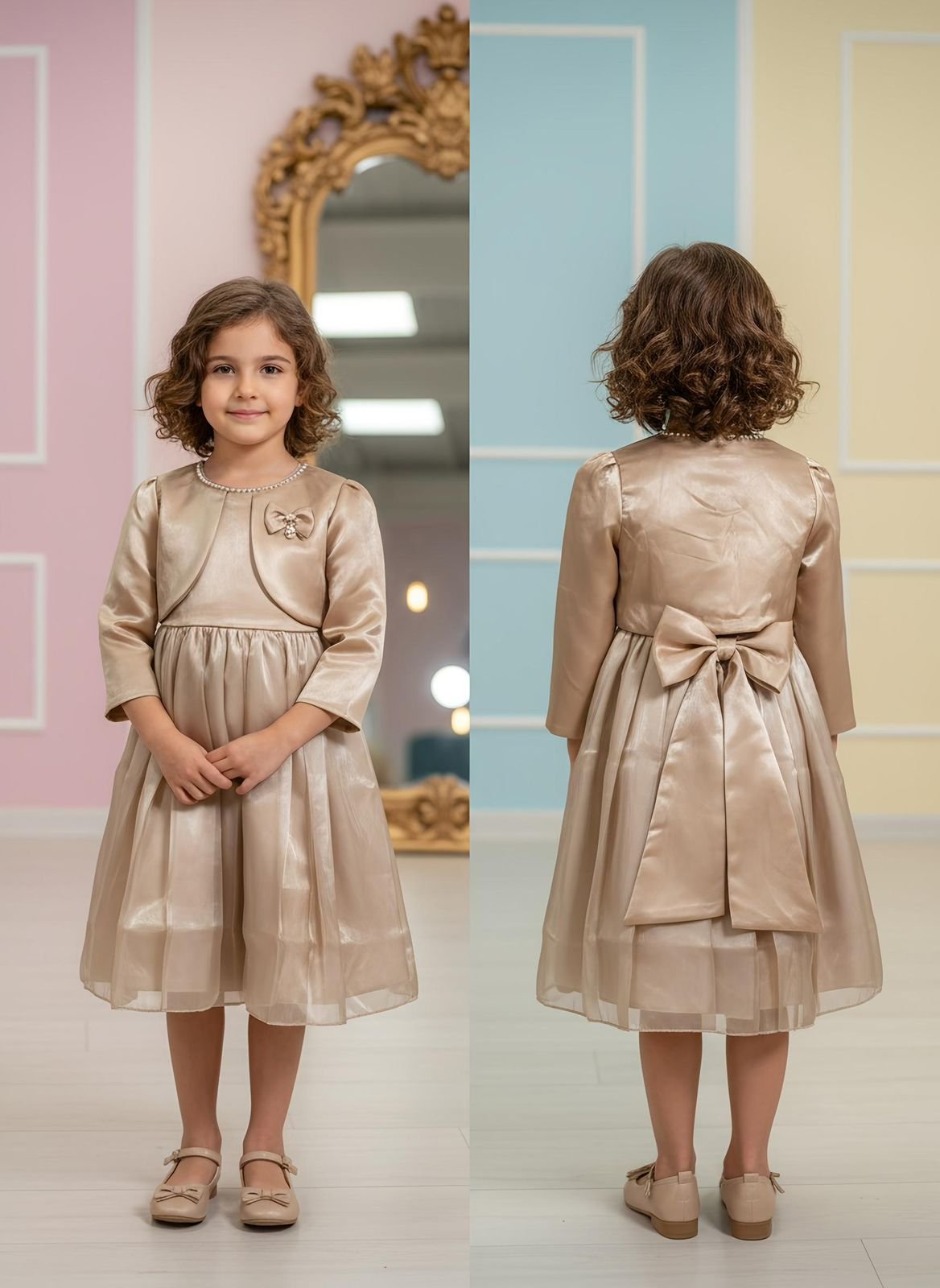 Elegant Champagne Satin Party Dress for Girls - Image 3