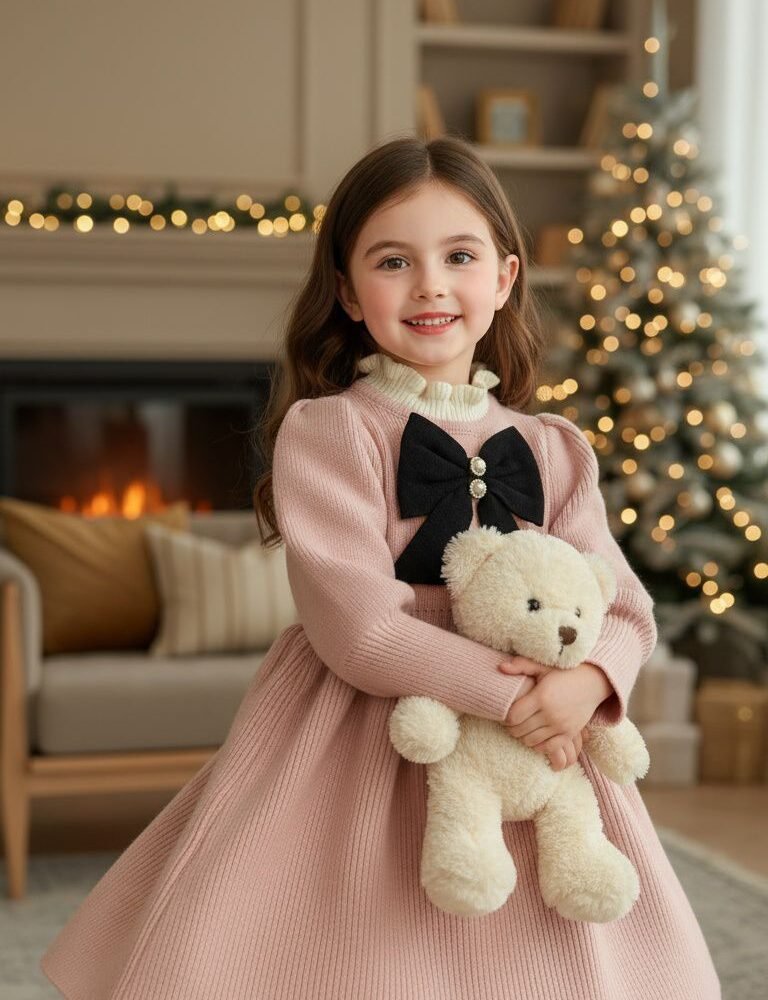 Elegant Knit Sweater Dress with Statement Bow for Girls