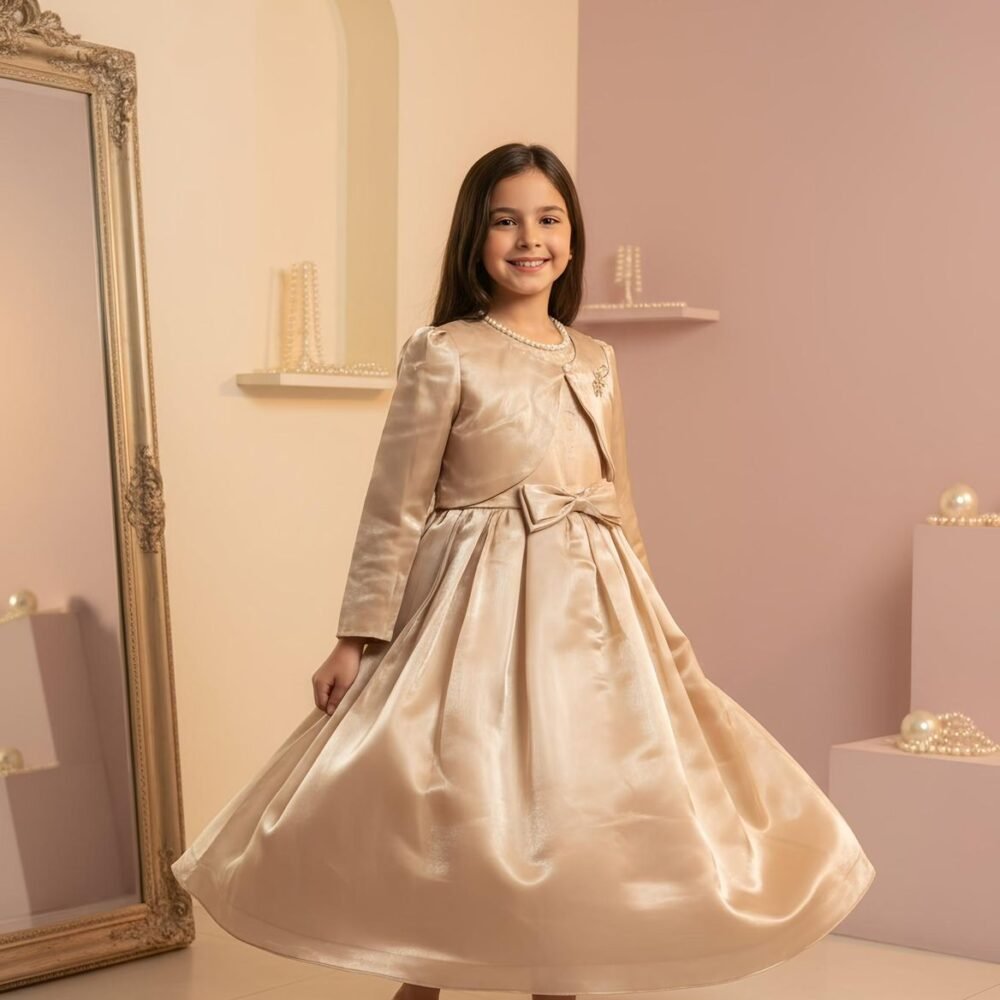 Elegant Champagne Satin Party Dress for Girls