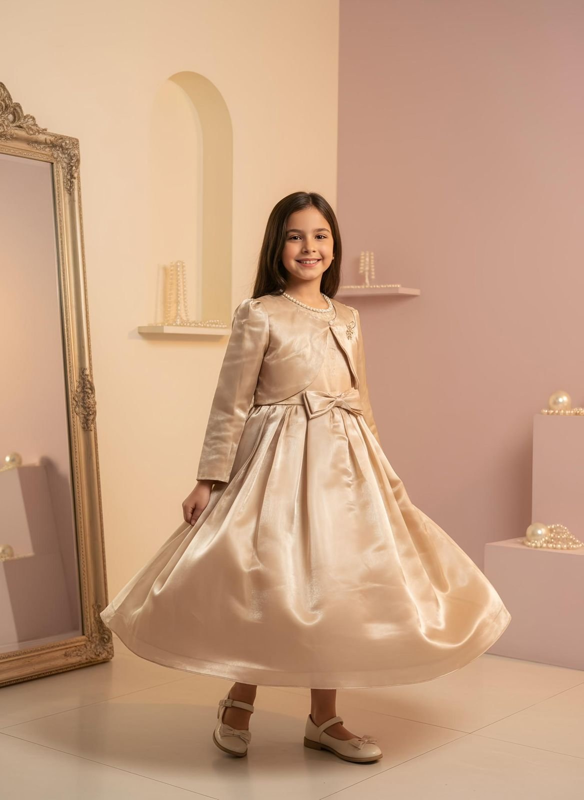 Elegant Champagne Satin Party Dress for Girls
