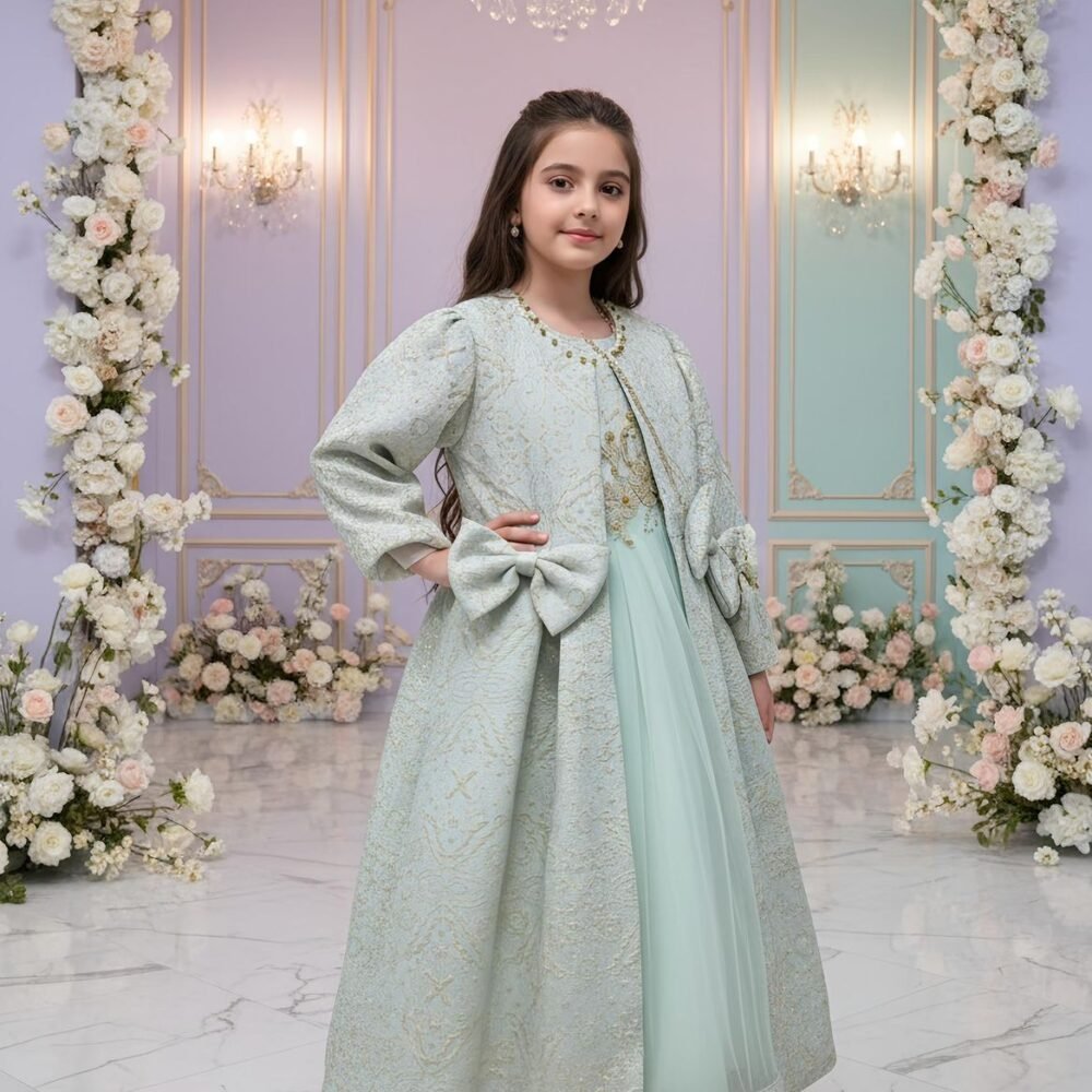 Girls Mint Green Brocade Long Gown with Layered Dress
