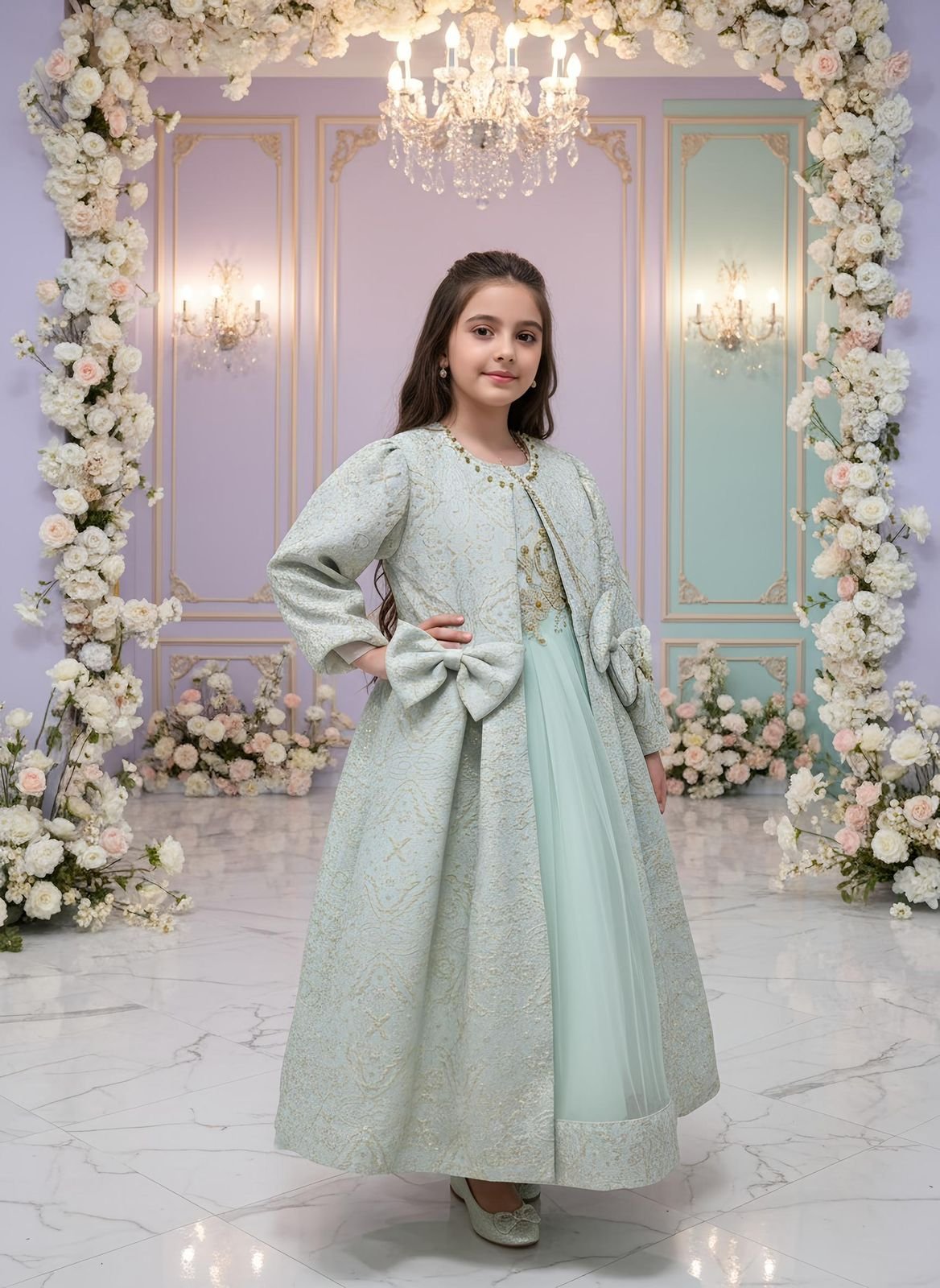 Girls Mint Green Brocade Long Gown with Layered Dress