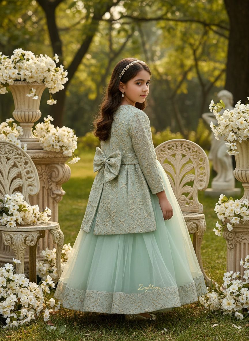 Girls Mint Green Brocade Long Gown with Layered Dress - Image 2