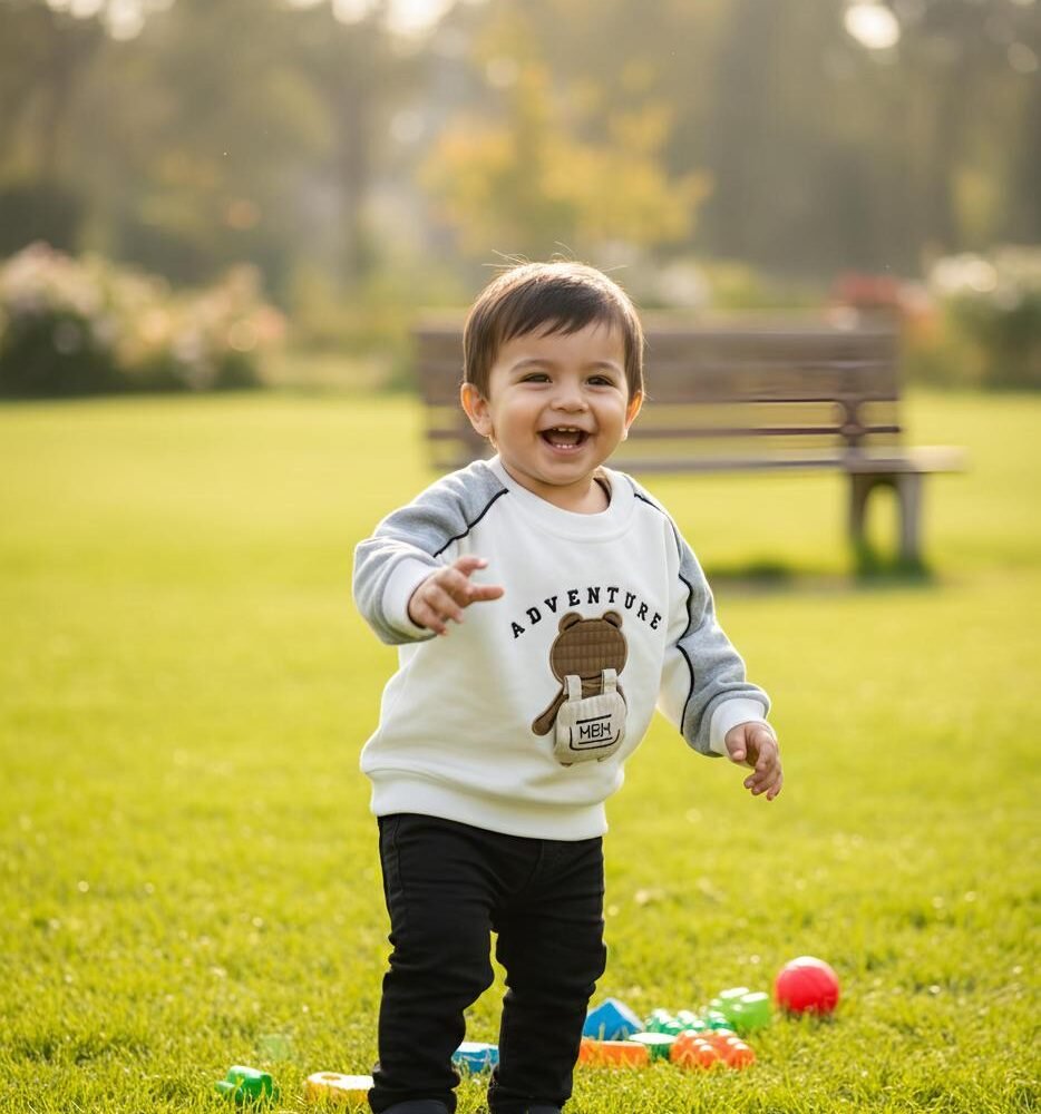 Boys White “Adventure Bear” Sweatshirt with Grey Sleeves